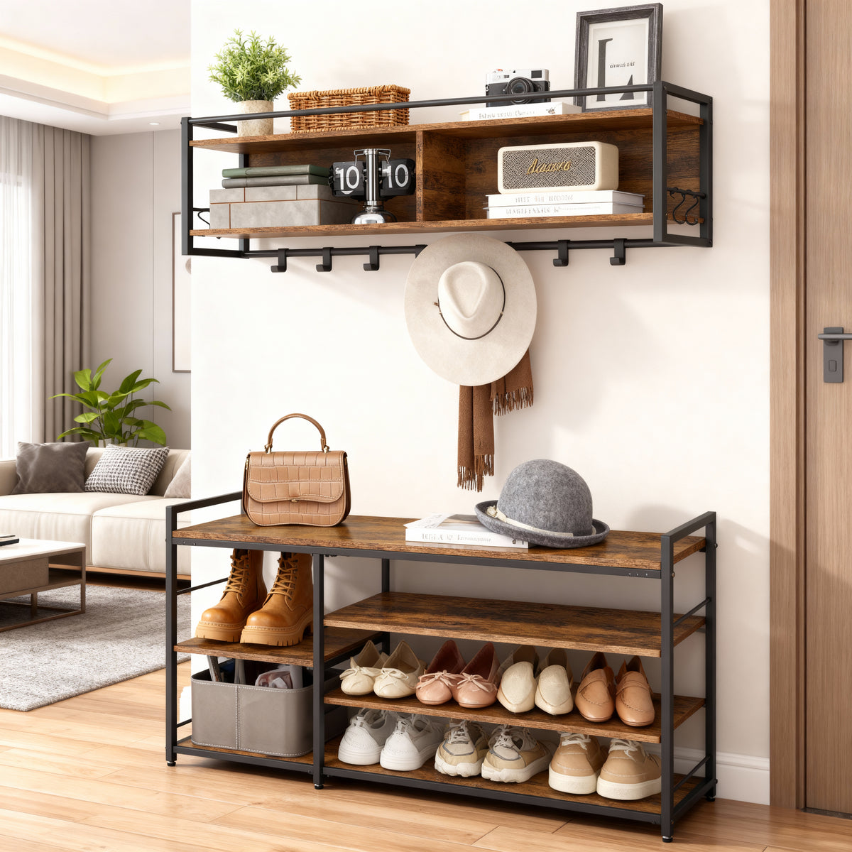 Hall Tree with Shoe Bench, 12-Hook Coat Rack & 4-Tier Shoe Storage, Multifunctional Entryway Organizer, Rustic Brown