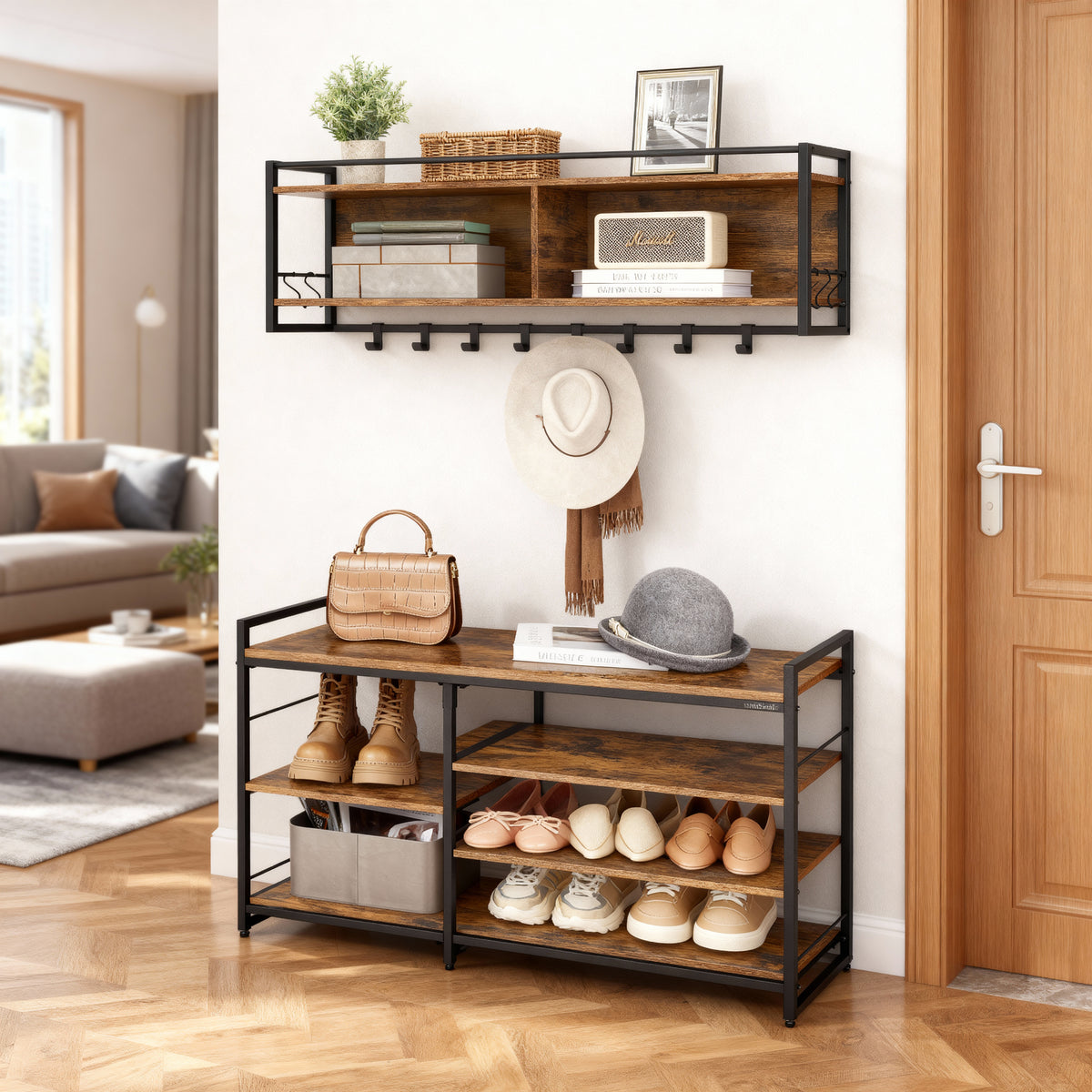 Hall Tree with Shoe Bench, 12-Hook Coat Rack & 4-Tier Shoe Storage, Multifunctional Entryway Organizer, Rustic Brown