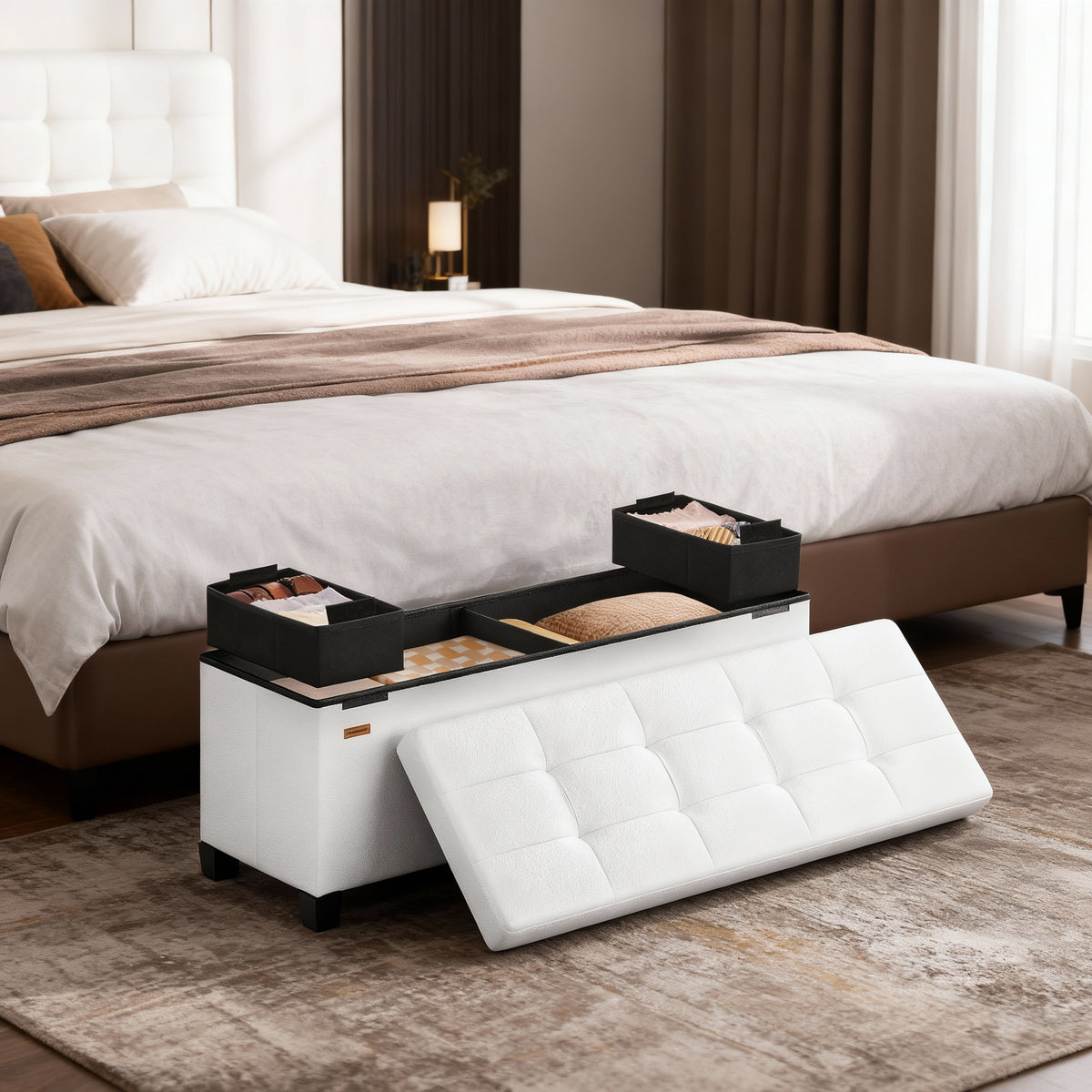 43-Inch Storage Ottoman Bench, 660 lb Capacity Foldable Footrest with 30 Gallon Storage, Synthetic Leather, Cloud White