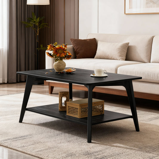 2-Tier Coffee Table with Storage, Mid-Century Modern Center Table with Tapered Legs, 39.4 Inch, Charcoal Gray