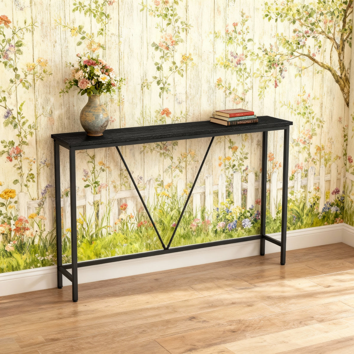 47.2 Inch Console Table, Narrow Sofa Table with V-Shaped Steel Frame & Adjustable Feet, Charcoal Gray & Ink Black