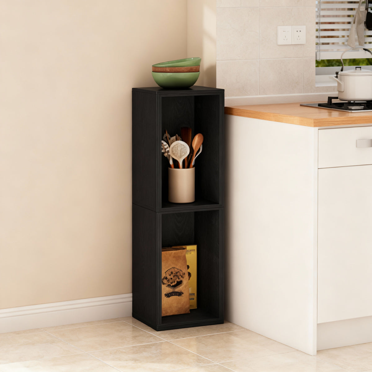 2-Tier Bookshelf with Open Compartment Design, Compact Vertical Bookcase for Corner Storage, Stable H-Frame Structure, Easy Assembly, for Living Room or Home Office, Ebony Black