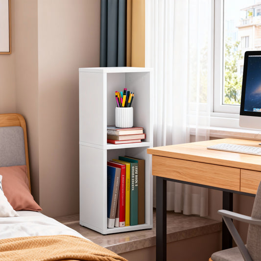 2-Tier Bookshelf with Open Compartment Design, Slim Corner Bookcase for Space-Saving Storage, Stable H-Frame Structure, Easy Setup, for Living Room or Home Office, Cloud White