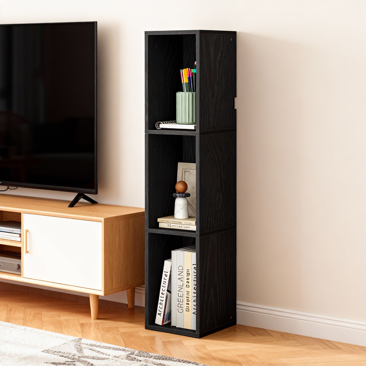 3-Tier Bookshelf with Open Compartment Design, Slim Vertical Bookcase for Corner Storage, Stable H-Frame Structure, Easy Assembly, for Living Room or Home Office, Ebony Black