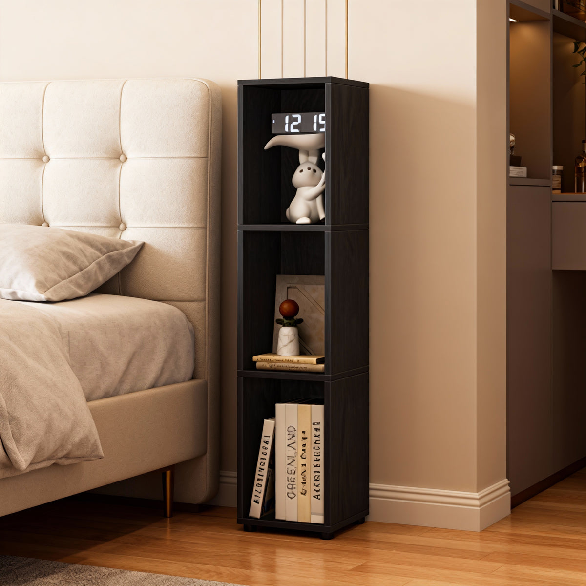 3-Tier Bookshelf with Open Compartment Design, Slim Vertical Bookcase for Corner Storage, Stable H-Frame Structure, Easy Assembly, for Living Room or Home Office, Ebony Black