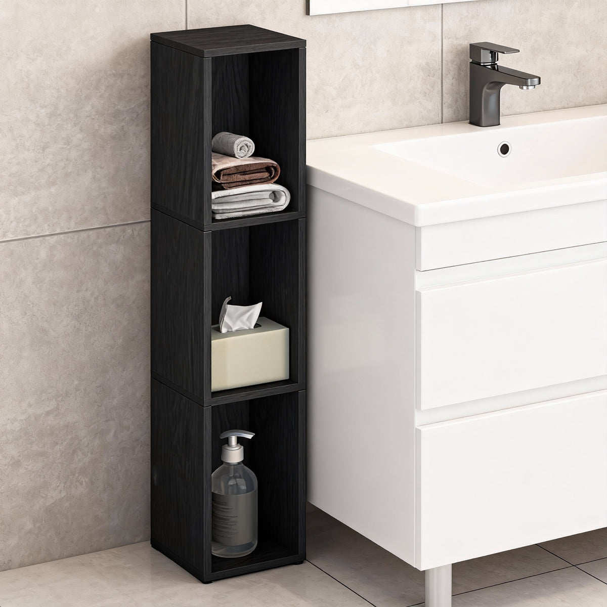 3-Tier Bookshelf with Open Compartment Design, Slim Vertical Bookcase for Corner Storage, Stable H-Frame Structure, Easy Assembly, for Living Room or Home Office, Ebony Black