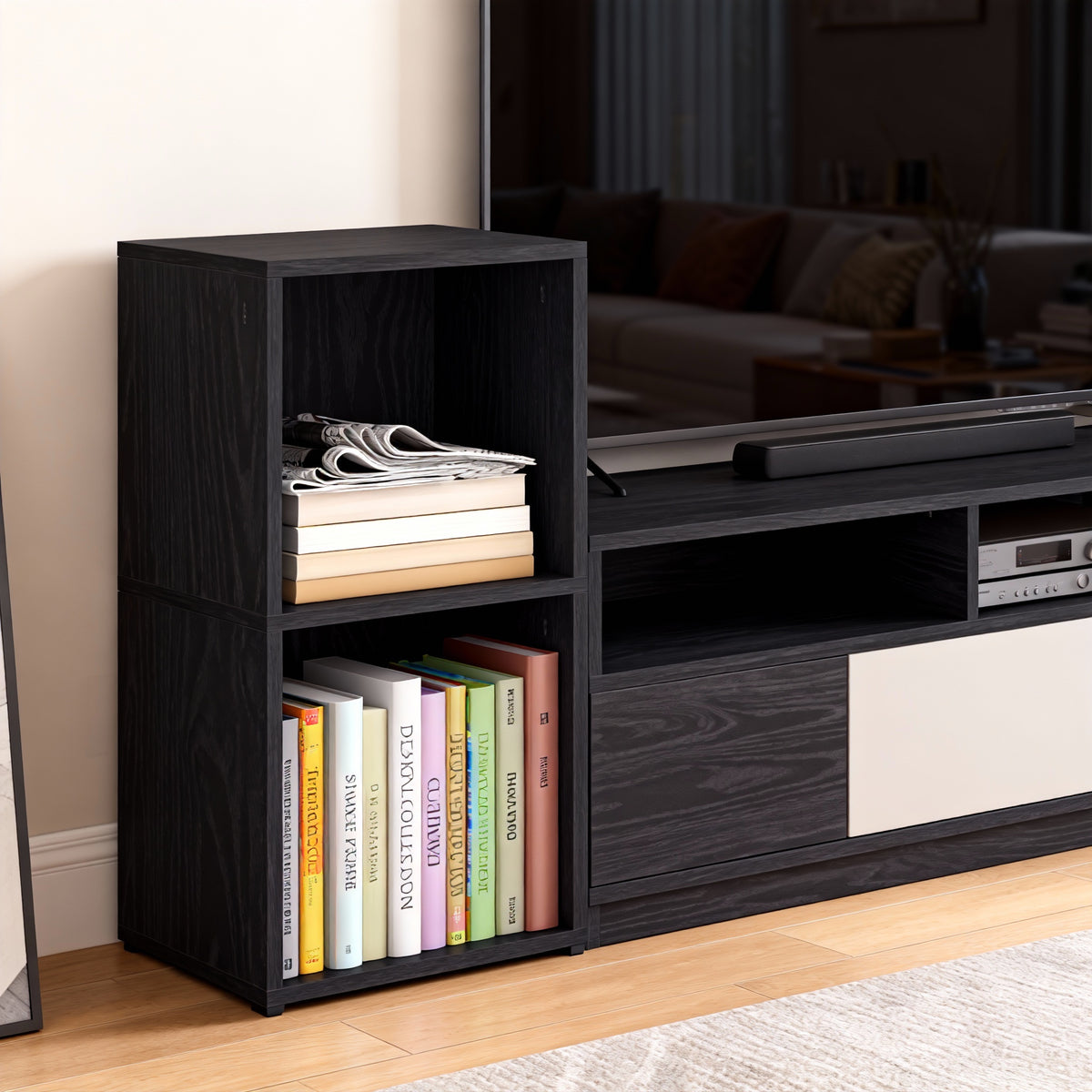2-Tier Bookshelf with Open Compartment Design, Compact Corner Bookcase for Space-Saving Storage, Stable H-Frame Structure, Easy Assembly, for Living Room or Home Office, Ebony Black