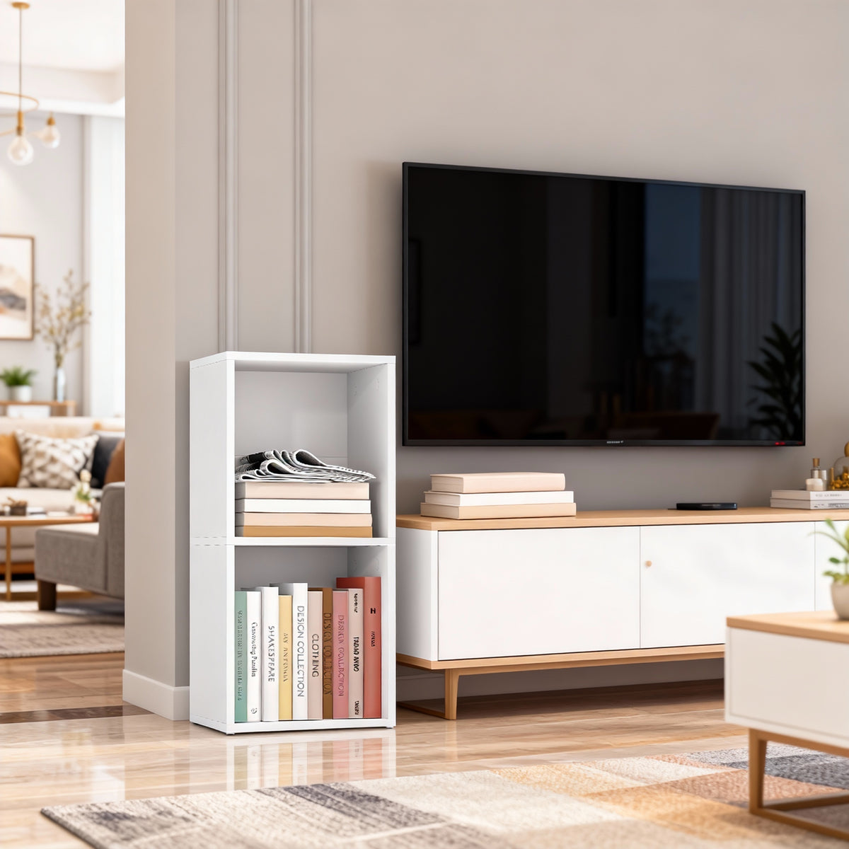 2-Tier Bookshelf with Open Compartment Design, Compact Corner Bookcase for Space-Saving Storage, Stable H-Frame Structure, Easy Assembly, for Living Room or Home Office, Cloud White