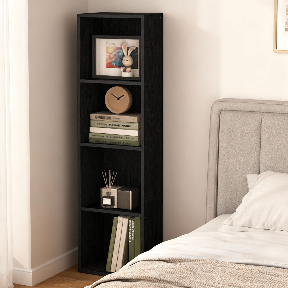 4-Tier Bookshelf with Adjustable Open Compartments, Slim Vertical Bookcase for Corner Storage, Stable H-Frame Structure, Easy Assembly, for Living Room or Home Office, Ebony Black