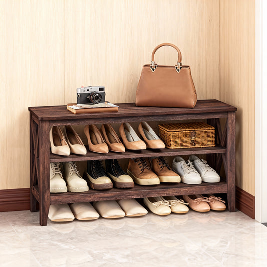 2-Tier Entryway Storage Bench with Shoe Rack, Farmhouse Style Padded Seat, 11.8 x 39.4 x 18.9 Inches, Holds Up to 600 lb, Maroon Brown