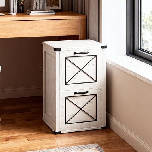 2-Drawer File Cabinet with Hanging File Folders, Modern Farmhouse Office Cabinet and Printer Stand, Fits A4 & Letter Size, Rustic White