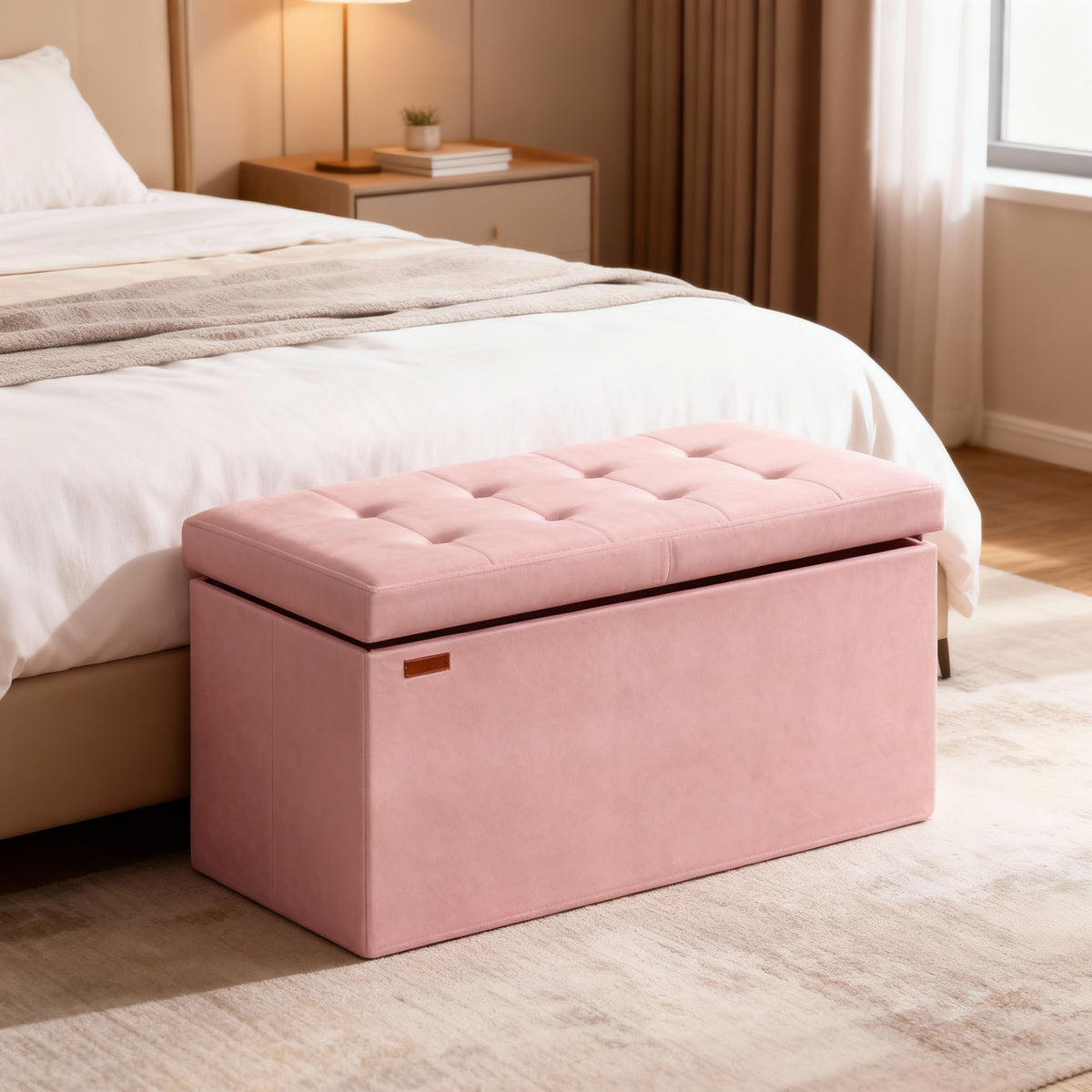30-Inch Foldable Storage Ottoman Bench with Flipping Lid, Velvet Fabric, 24-Gallon Storage, 660 lb Capacity, Jelly Pink