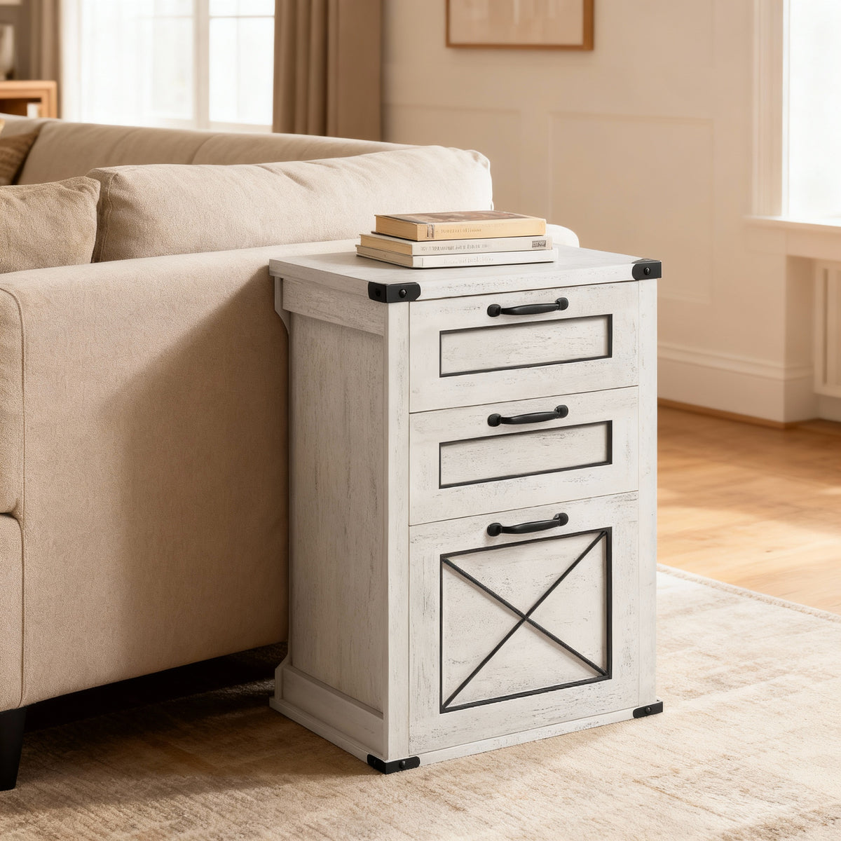 3-Drawer File Cabinet with Hanging File Drawer, Farmhouse Printer Stand for A4 & Letter Files, Freestanding Storage Unit for Home Office, Rustic White