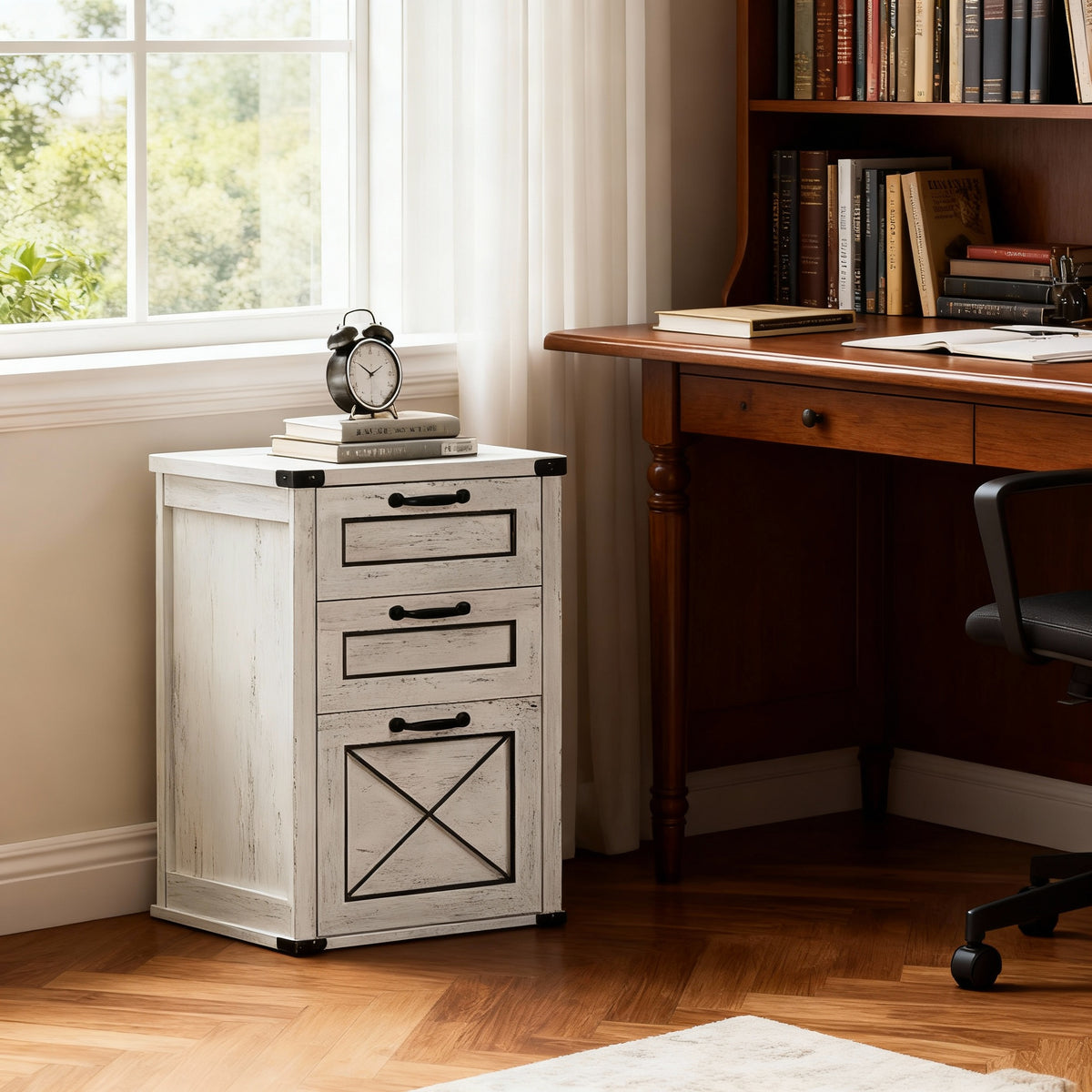3-Drawer File Cabinet with Hanging File Drawer, Farmhouse Printer Stand for A4 & Letter Files, Freestanding Storage Unit for Home Office, Rustic White