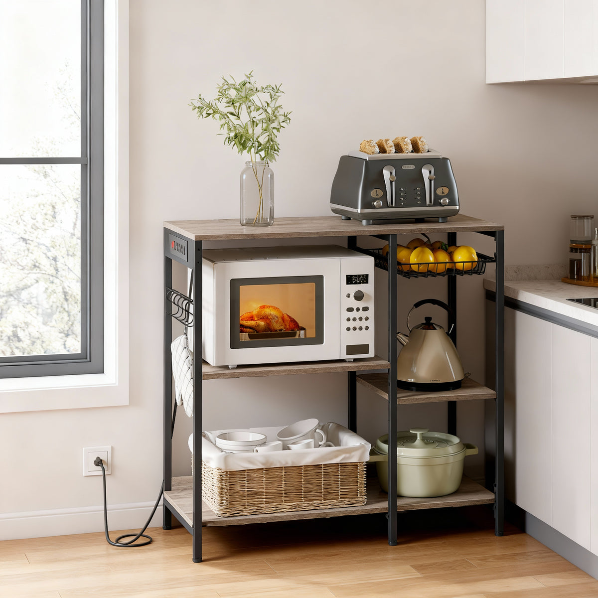 Baker's Rack with Power Outlet, Coffee Bar & Kitchen Storage Stand, 35.6-Inch Tall Table with Pull-Out Basket and Adjustable Shelves, Heather Greige and Ink Black