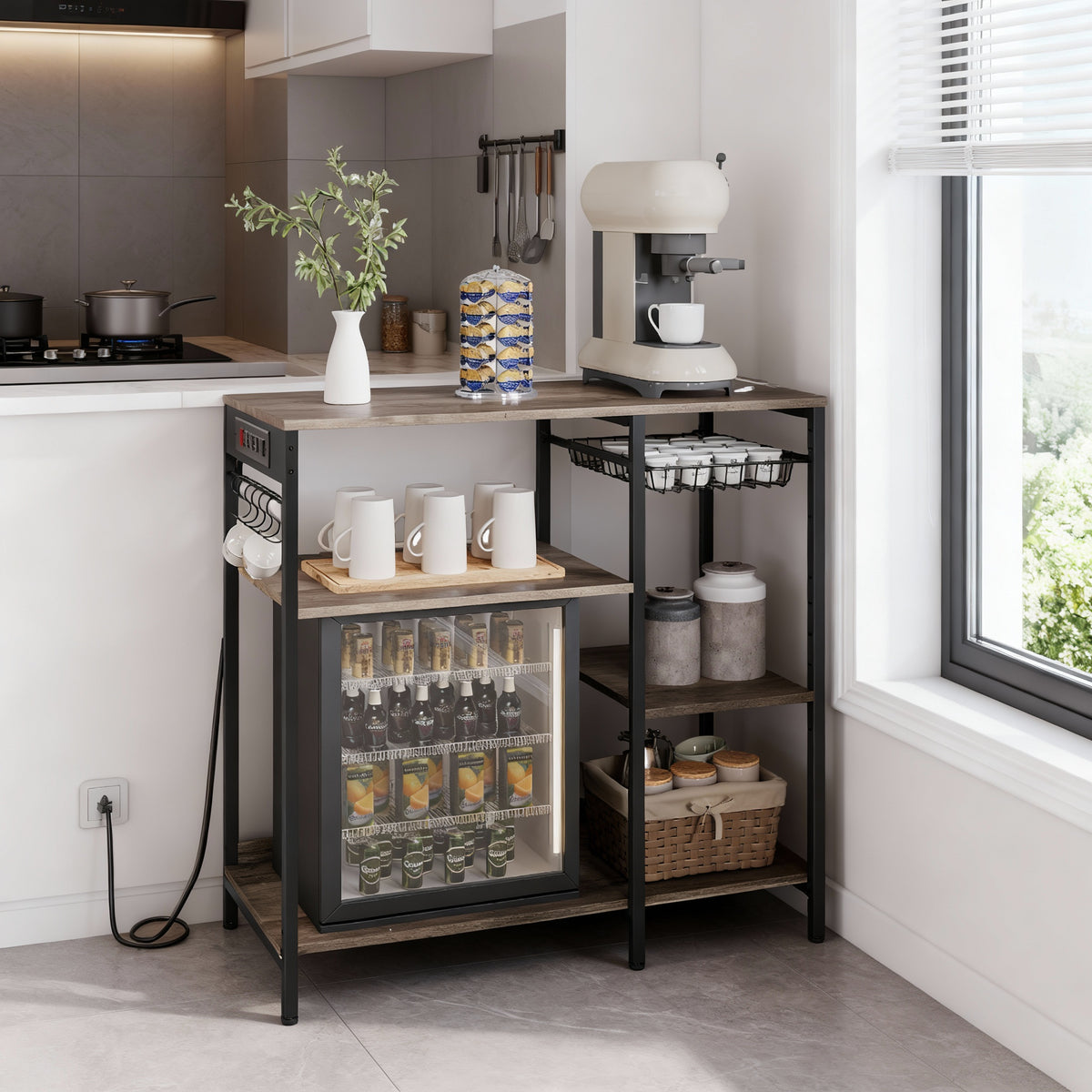 Baker's Rack with Power Outlet, Coffee Bar & Kitchen Storage Stand, 35.6-Inch Tall Table with Pull-Out Basket and Adjustable Shelves, Heather Greige and Ink Black