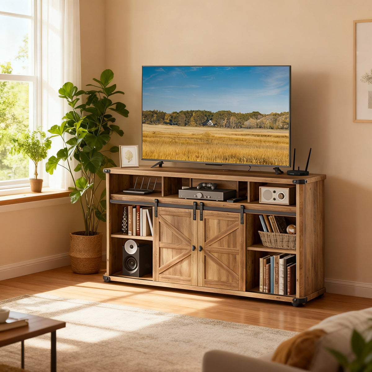 65-Inch TV Stand with Sliding Barn Doors, Farmhouse Entertainment Console with Built-In Charging Station and Adjustable Shelves, Honey Brown