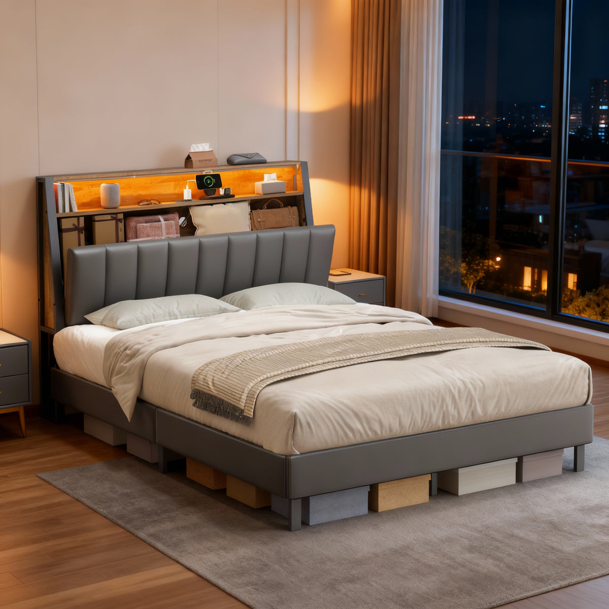 LED Full Bed Frame with Storage Headboard and Charging Station, 2 AC Outlets, USB & Type-C Ports, Dove Gray and Camel Brown