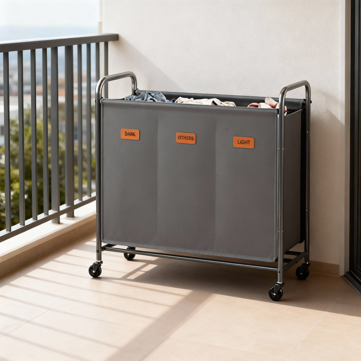 3-Section Rolling Laundry Hamper with Wheels, Large Capacity Laundry Sorter Cart with Removable Bags, Laundry Room, Slate Gray