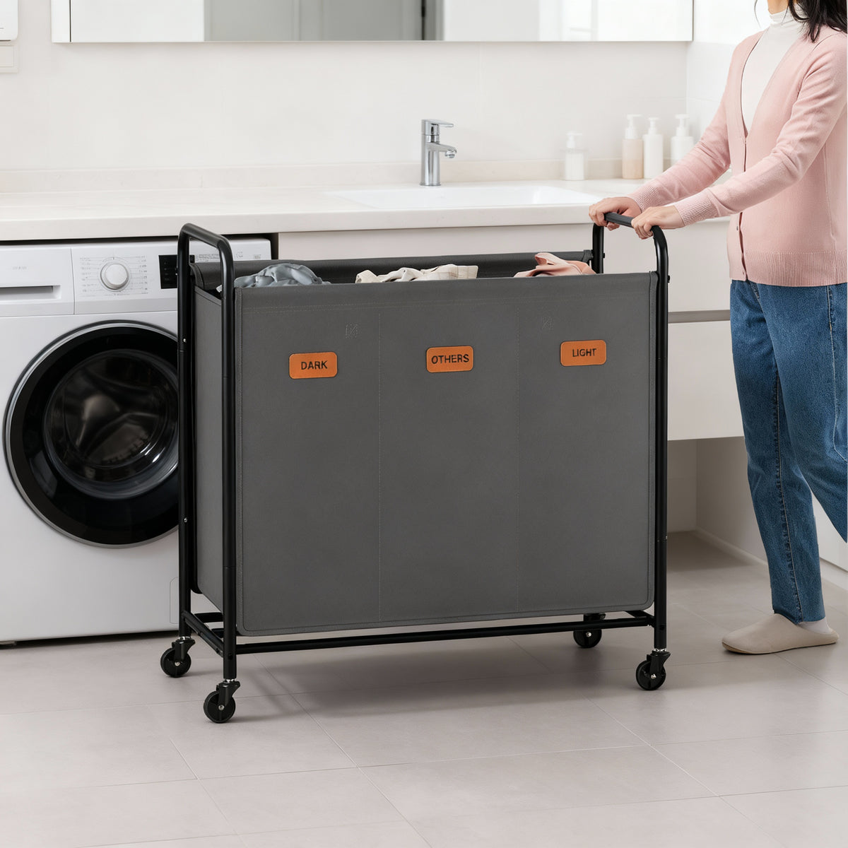 3-Section Rolling Laundry Hamper with Wheels, Large Capacity Laundry Sorter Cart with Removable Bags, Laundry Room, Slate Gray