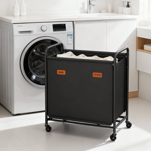2-Section Rolling Laundry Hamper with Wheels, Laundry Sorter Cart with Removable Bags, Laundry Room, Bedroom, Ink Black