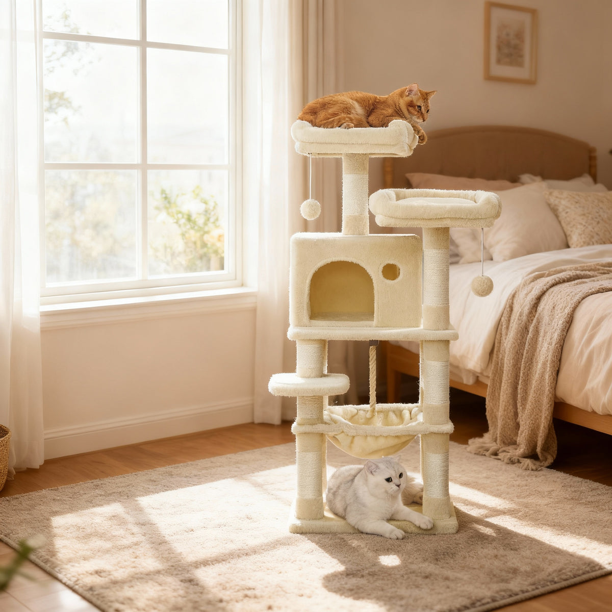 44-Inch Cat Tree Tower for Indoor Cats, Multi-Level Condo with 11 Scratching Posts, Cave, Hammock, Perches, Beige
