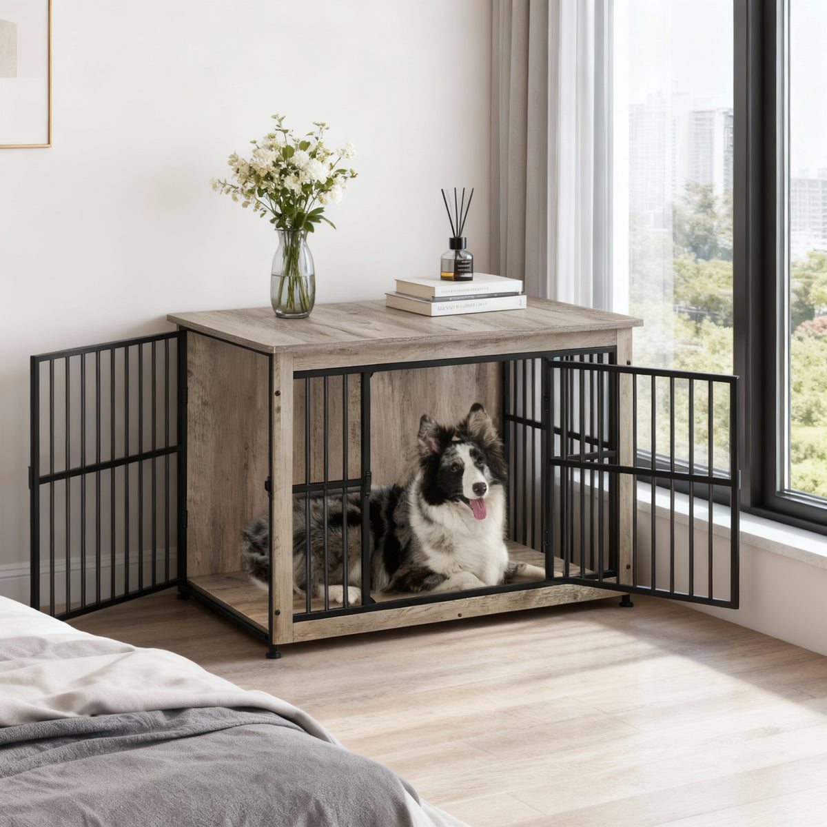 Modern Double-Door Dog Crate Furniture for Medium Dogs up to 70 lb, Enclosed Base & Reinforced Steel Frame, 38.6-Inch Side Table Design, Greige