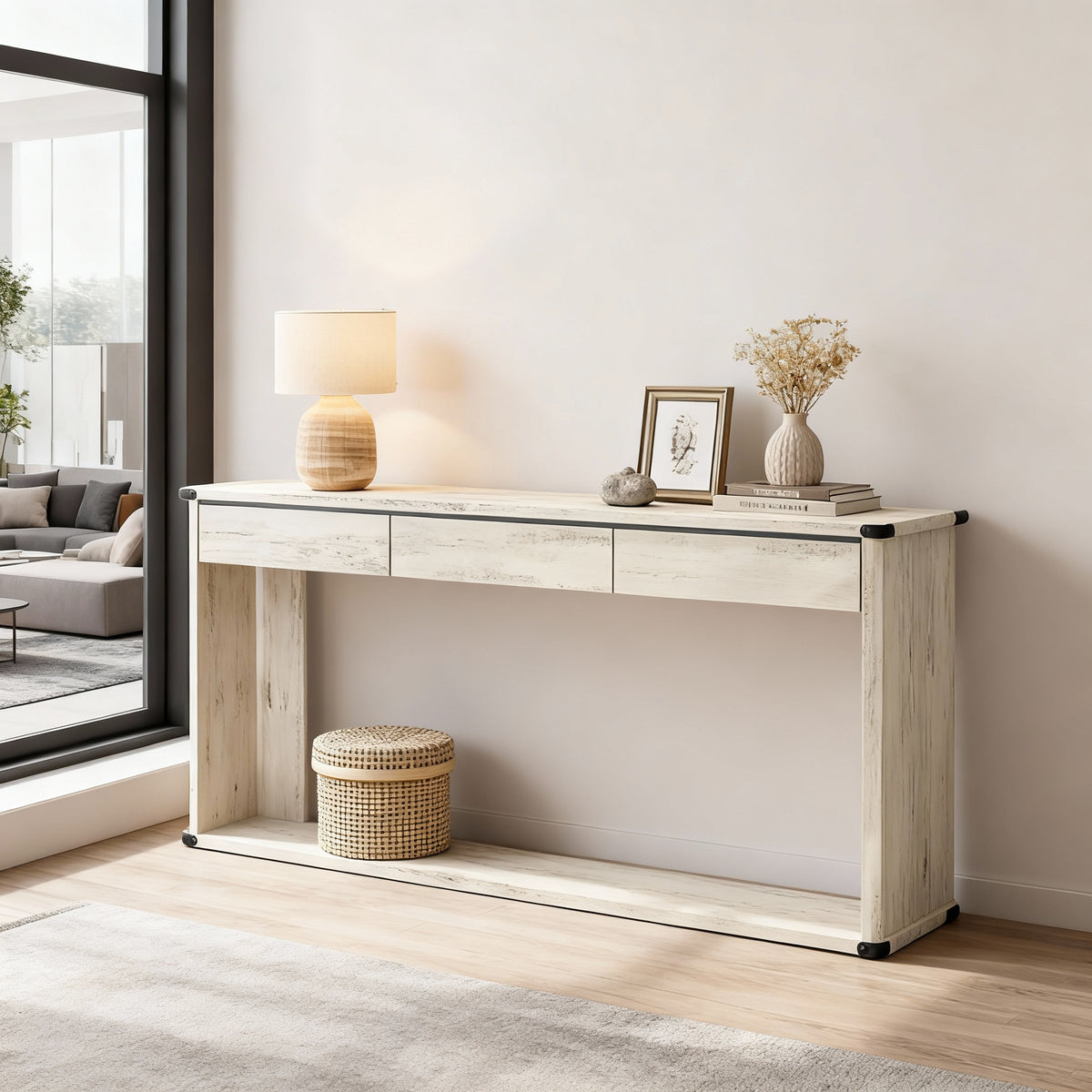 63-Inch Farmhouse Console Table with 3 Drawers and Bottom Shelf, Metal Accents and Solid Wood Frame, Rustic White