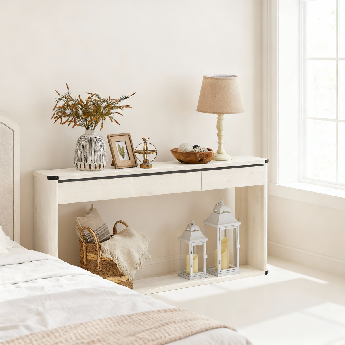 63-Inch Farmhouse Console Table with 3 Drawers and Bottom Shelf, Metal Accents and Solid Wood Frame, Rustic White