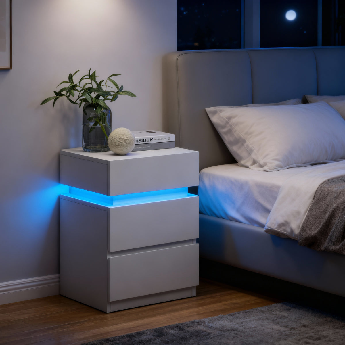 LED Nightstand with 3 Drawers, Adjustable RGB Light Colors and Modes, Modern Bedside Table with Large Storage and Remote, Side Table, Cloud White