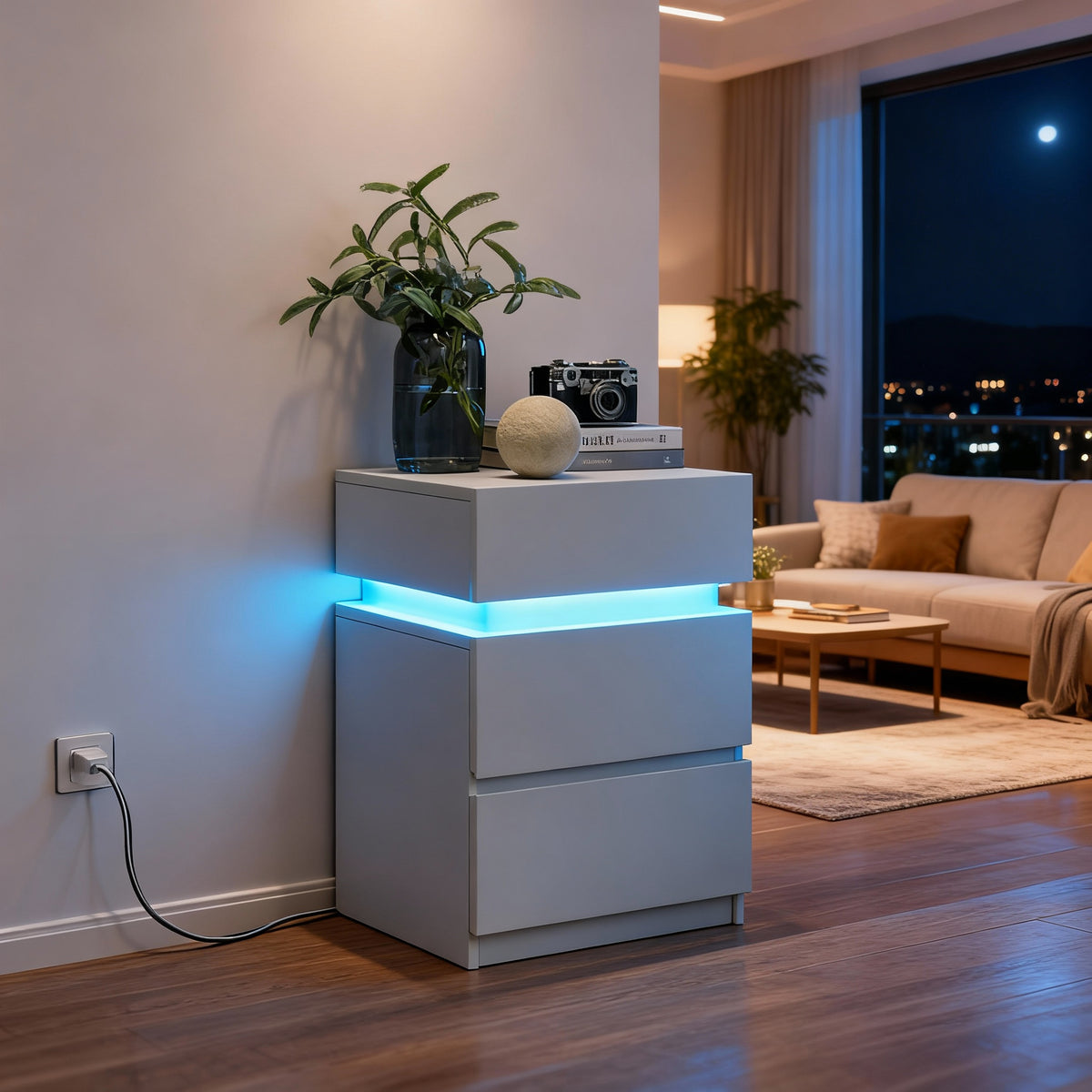 LED Nightstand with 3 Drawers, Adjustable RGB Light Colors and Modes, Modern Bedside Table with Large Storage and Remote, Side Table, Cloud White