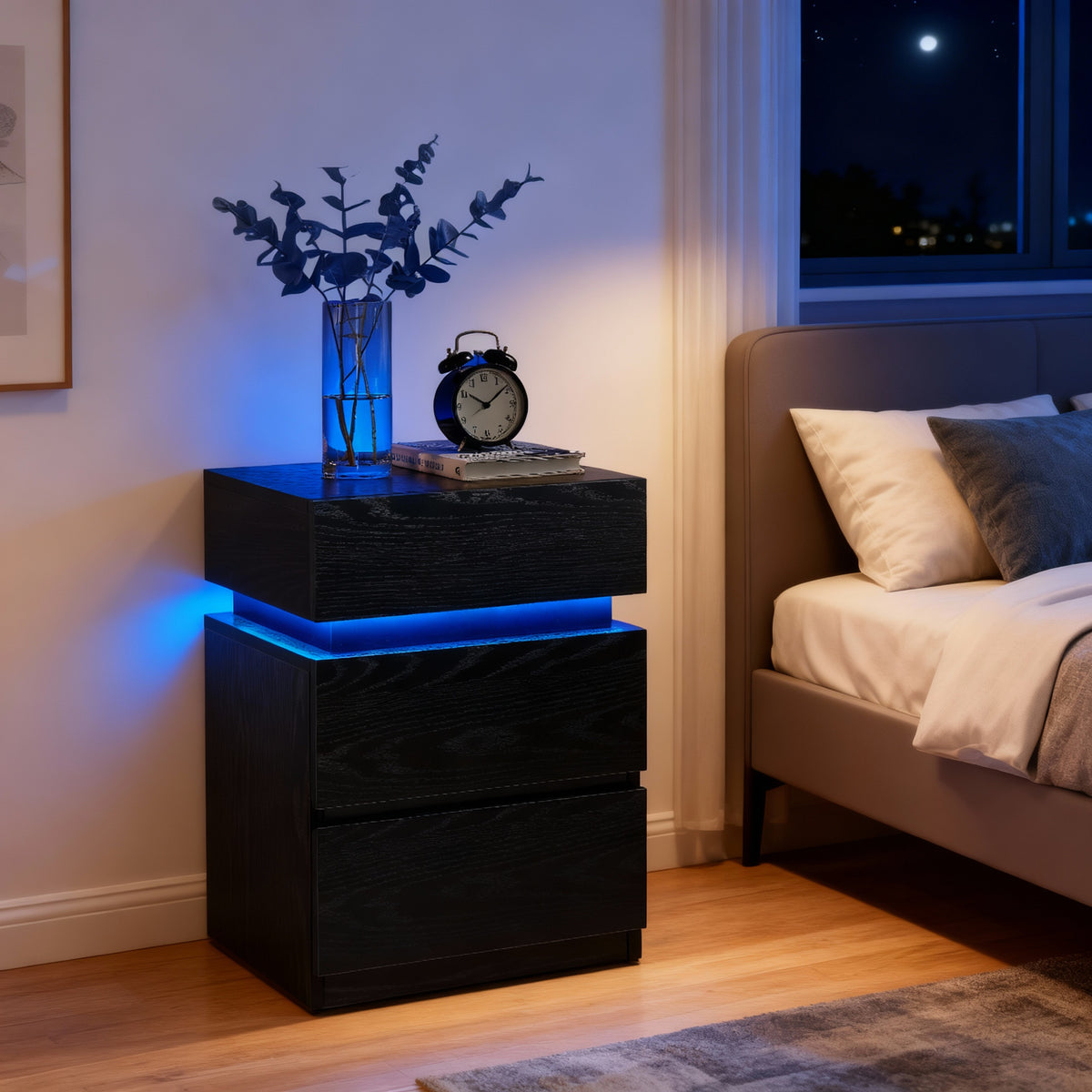 LED Nightstand with 3 Drawers, Adjustable RGB Light Colors and Modes, Modern Bedside Table with Large Storage and Remote, Side Table, Ebony Black