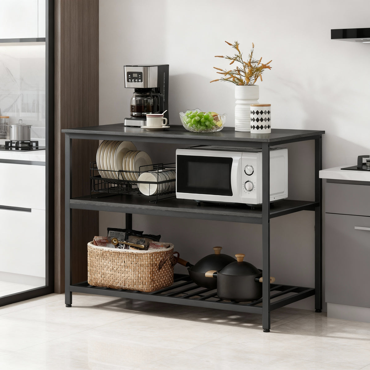 Kitchen Island with 3 Shelves, Large Worktop and Industrial Steel Frame, Multi-Purpose Kitchen Cart and Bar Table, Easy Assembly, Ebonised Oak and Black