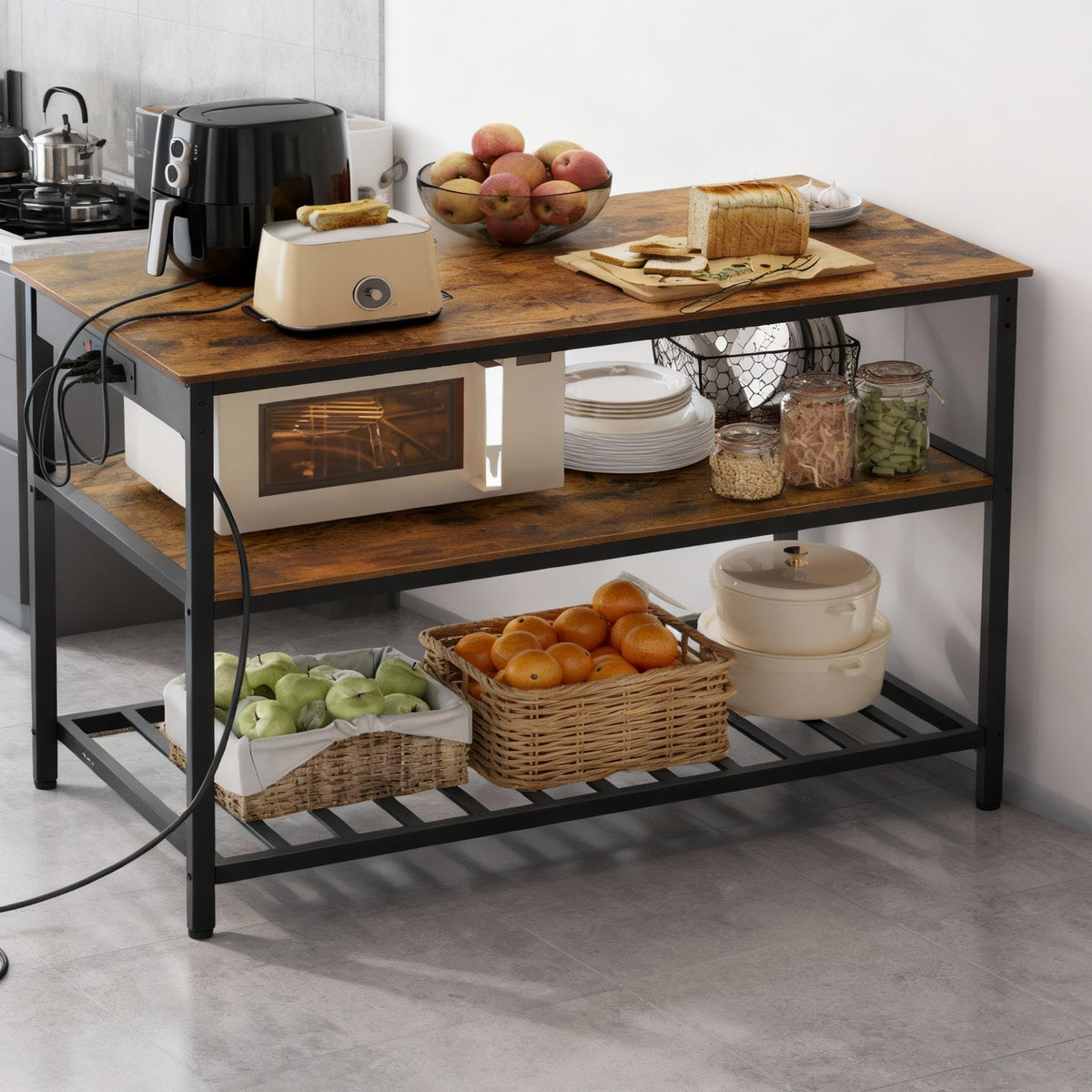 Kitchen Island with 3 Shelves, Built-In Power Strip, Large Worktop, Industrial Steel Frame, Multi-Purpose Kitchen Cart, Easy Assembly, Rustic Brown and Black