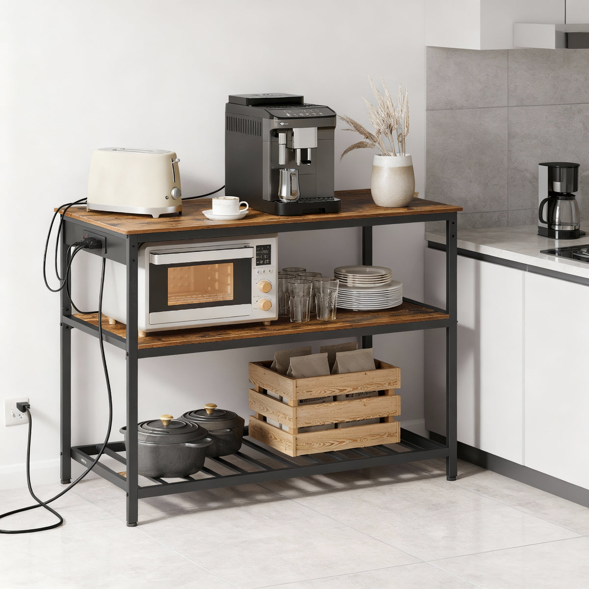 Kitchen Island with 3 Shelves, Built-In Power Strip, Large Worktop, Industrial Steel Frame, Multi-Purpose Kitchen Cart, Easy Assembly, Rustic Brown and Black