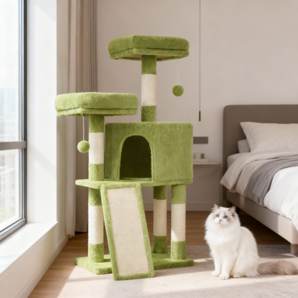 Cat Tower, 45.3-Inch Indoor Cat Tree with Scratching Ramp, Perches, Spacious Cat Cave, Multi-Level Condo for Kittens, Adult Cats, Grass Green