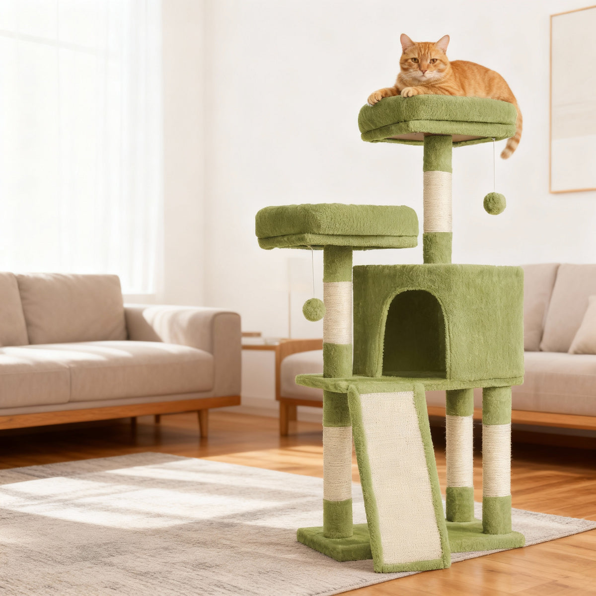 Cat Tower, 45.3-Inch Indoor Cat Tree with Scratching Ramp, Perches, Spacious Cat Cave, Multi-Level Condo for Kittens, Adult Cats, Grass Green