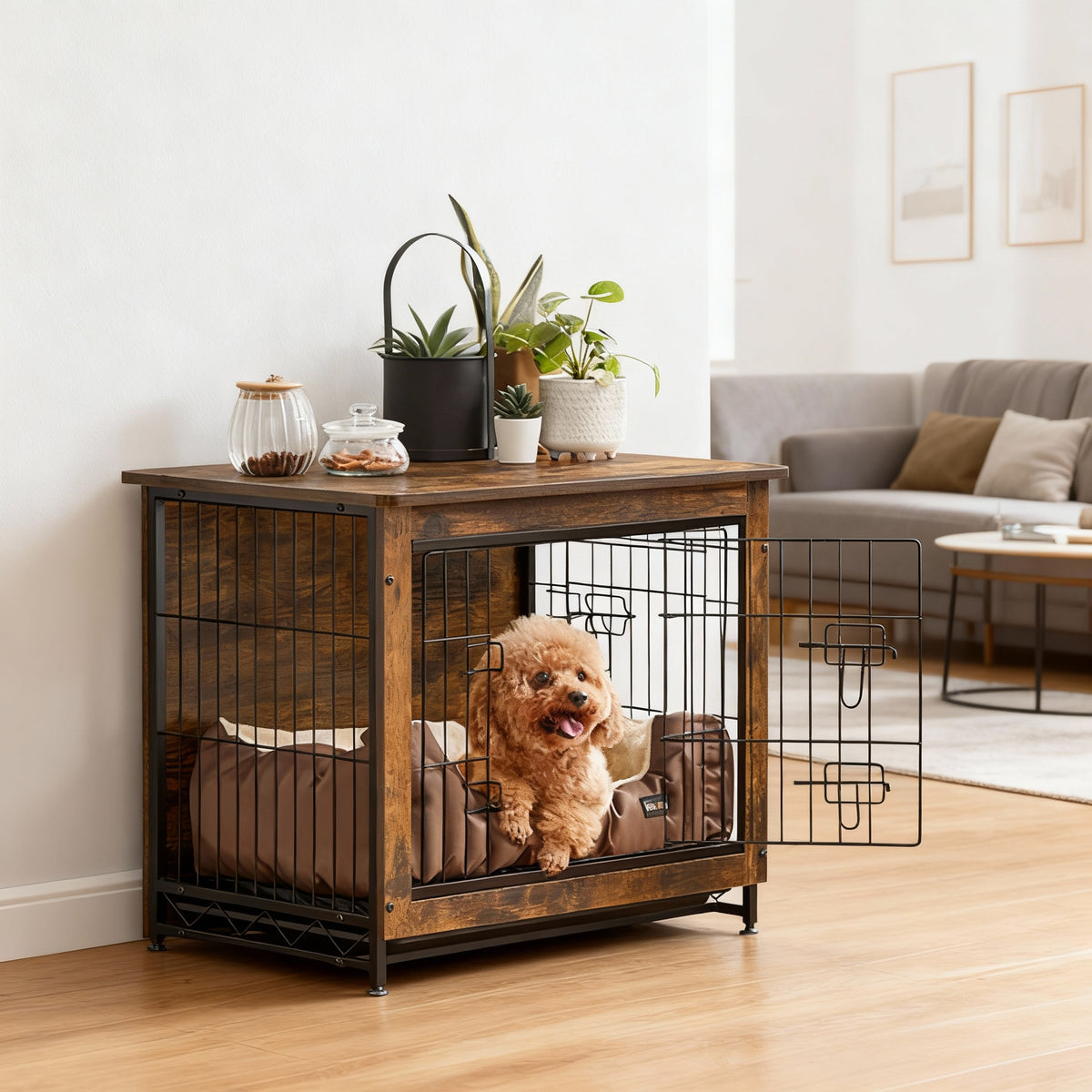Dog Crate Furniture, 27.2-Inch Indoor Dog Kennel with Double Doors, Removable Tray, Side Table, for Small Dogs up to 30 lb, Rustic Brown