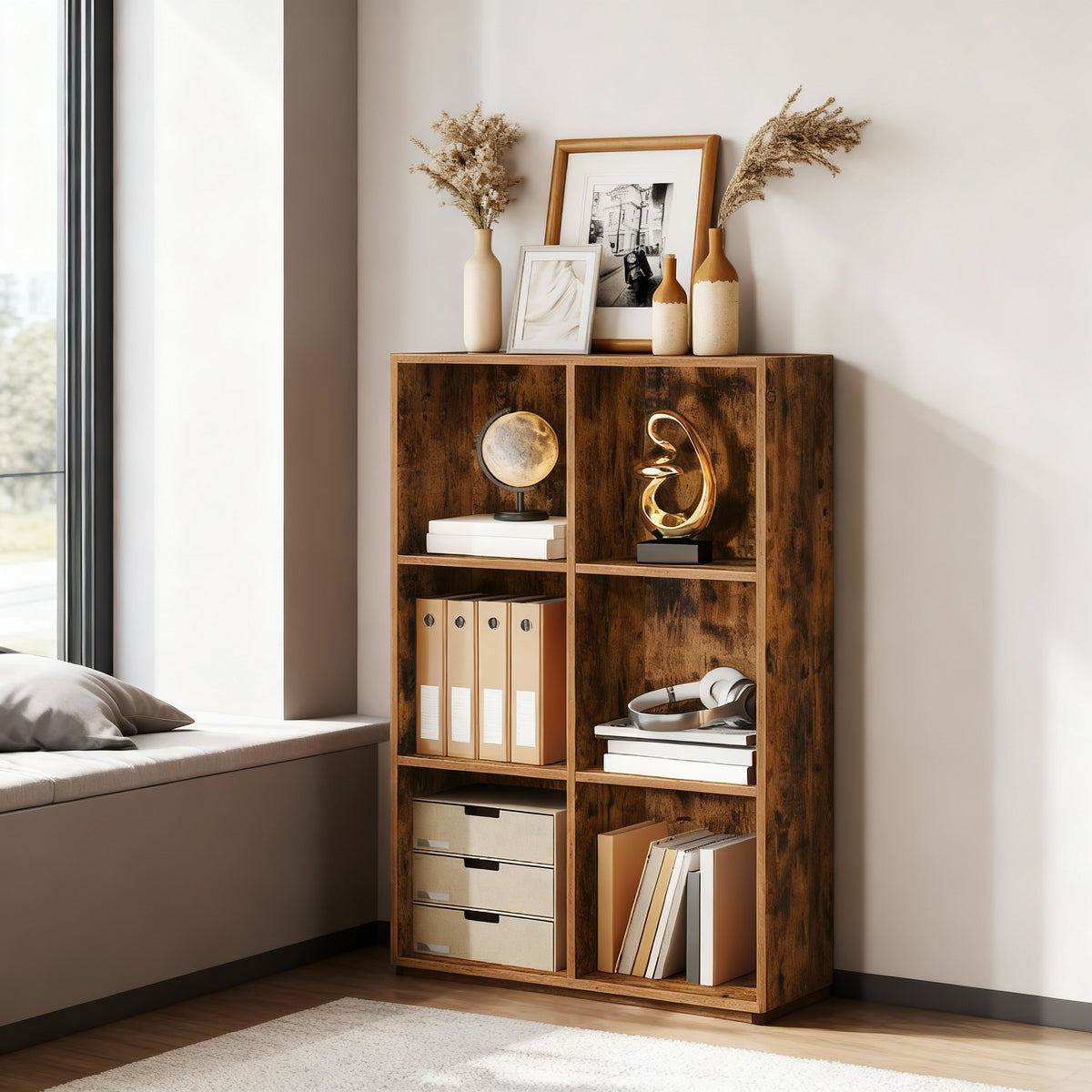 6-Compartment Cube Bookshelf with Open Storage, Multifunctional Bookcase and Display Shelf for Living Room Home Office Dining Room, Rustic Brown