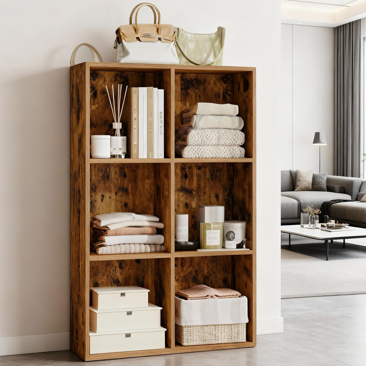 6-Compartment Cube Bookshelf with Open Storage, Multifunctional Bookcase and Display Shelf for Living Room Home Office Dining Room, Rustic Brown