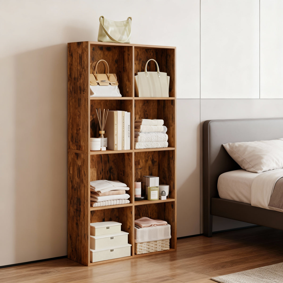 8-Compartment Cube Bookshelf with Open Storage, Multifunctional Bookcase and Display Shelf for Living Room Home Office Dining Room, Rustic Brown