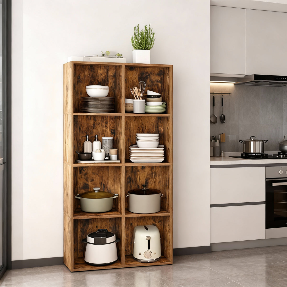 8-Compartment Cube Bookshelf with Open Storage, Multifunctional Bookcase and Display Shelf for Living Room Home Office Dining Room, Rustic Brown