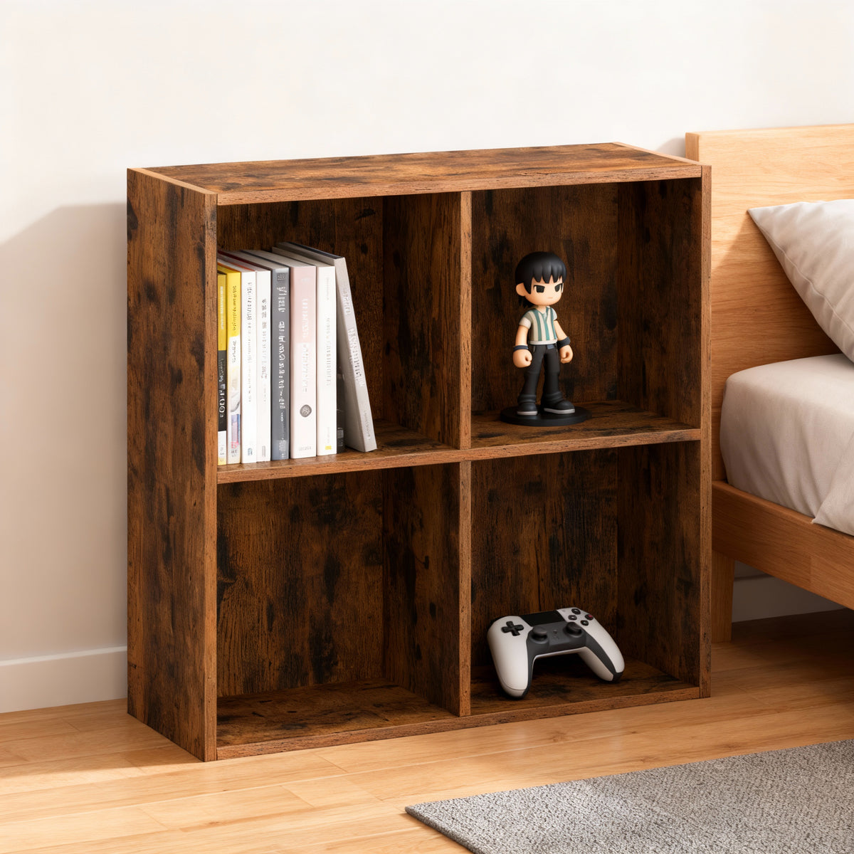4-Compartment Cube Bookshelf with Open Storage, Multifunctional Bookcase and Display Shelf for Living Room Home Office Dining Room, Rustic Brown