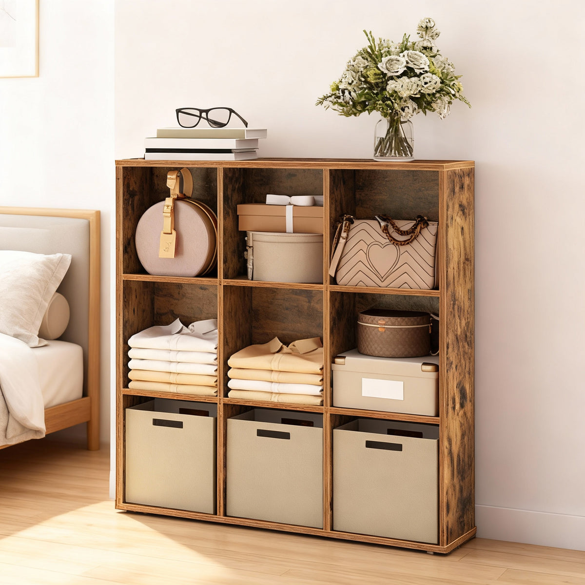 9-Compartment Cube Bookshelf with Open Storage, Multifunctional Bookcase and Display Shelf for Living Room Home Office Dining Room, Rustic Brown