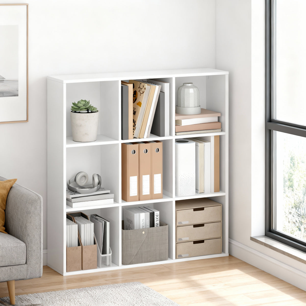 9-Compartment Cube Bookshelf with Open Storage, Multifunctional Bookcase and Display Shelf for Living Room Home Office Dining Room, Cloud White