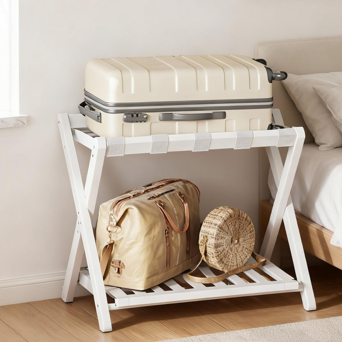 Solid Wood Luggage Rack with Foldable Design and Storage Shelf, No Assembly Required Suitcase Stand for Guest Room Hotel Bedroom, Cloud White