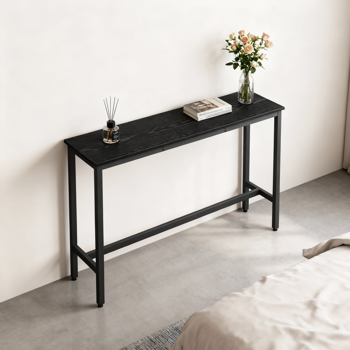 LEDREM Narrow Bar Table, 15.7 x 55.1 x 35.4 Inches Kitchen Dining Table with Sturdy Metal Frame, Industrial Style, Small Space Counter, Ebony and Ink Black