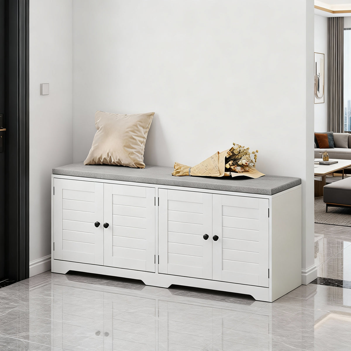 LEDREM Shoe Storage Bench with Cushion, 3-Tier Entryway Bench with Doors and Adjustable Shelves, Padded Seat Shoe Organizer for Hallway or Bedroom, Cloud White and Dove Gray