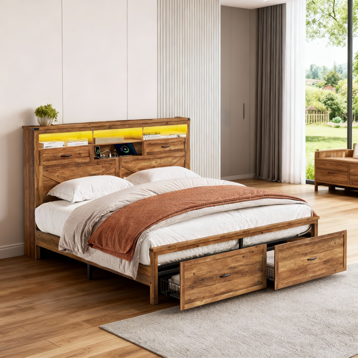 King Size Farmhouse Platform Bed Frame, 51.3-Inch Tall Storage Headboard with 4 Drawers, Built-In LED Lights & Charging Station, Honey Brown