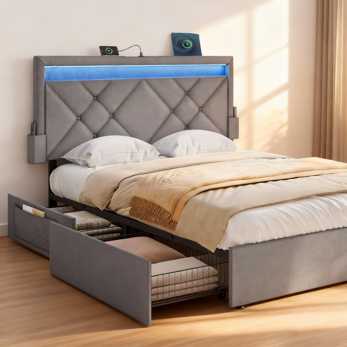 Full Size LED Platform Bed Frame, Adjustable 37.1/39.6 Inch Upholstered Headboard with 4 Drawers, 2 Charging Ports & Storage Bags, Light Gray